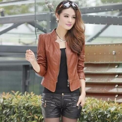 2021 Spring Autumn Solid Color Jacket Coat Women Stand Collar Short Pu Faux Leather Zipper Slim Jackets Fashion Outwear Y626