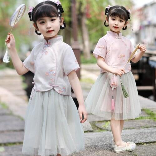 Summer Girls Chinese National Style Floral T-Shirt+skirt Sets Girl Student Tradition Suits Vacation Princess Performance Clothes