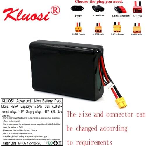 KLUOSI 16.8V Li-ion Battery 14.8V 17.5Ah 18Ah 4S5P High Capacity UAV Rechargeable for Various RC Airplane Drone Quadrotor XT60