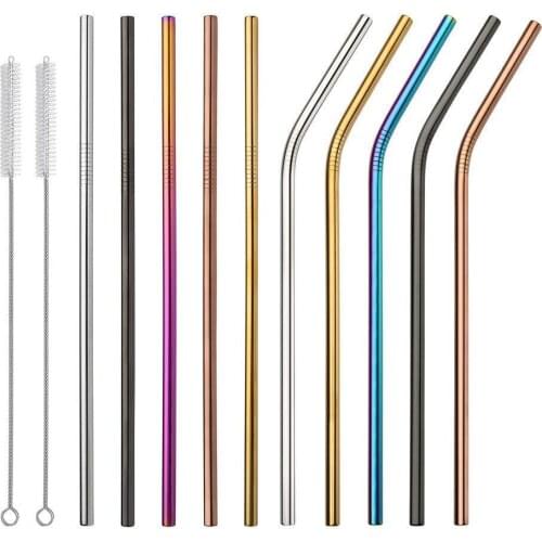 Reusable Stainless Steel Straws Set of 10 Extra Long 10.5 inch Metal Drinking Straws With 2 Brushes and Carry Bag Environment-F