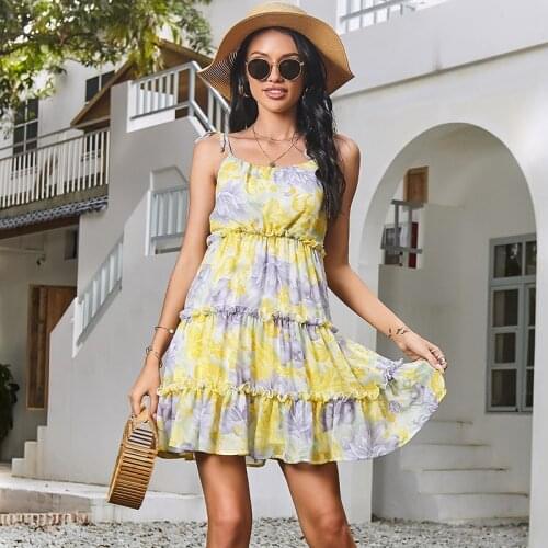 Summer New Women Dress Floral Print Pleated Off Shoulder Backless Boho Casual Streetwear Beach Party Holiday Ladies Dresses