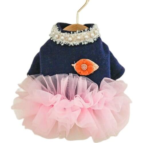 Dog Clothe Cat Costumes Teddy Bear Woolen Flowers Princess Dog Skirt Tulle Pearl Neck Decor Puff Dress