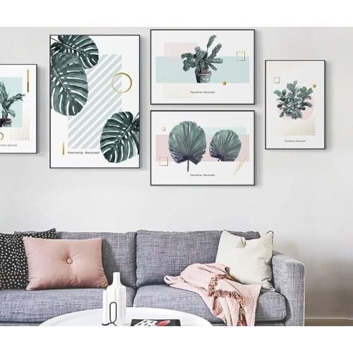 Refreshing Plant Green Leaves Geometry Yellow Line Canvas Painting On Wall Picture Poster Living Cafe Room Decoration