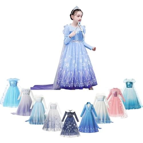 Spring Autumn Elsa Costume Baby Girl Snowflake Mesh Evening Party Gown Snow Queen 2 Cosplay Role Playing Frocks
