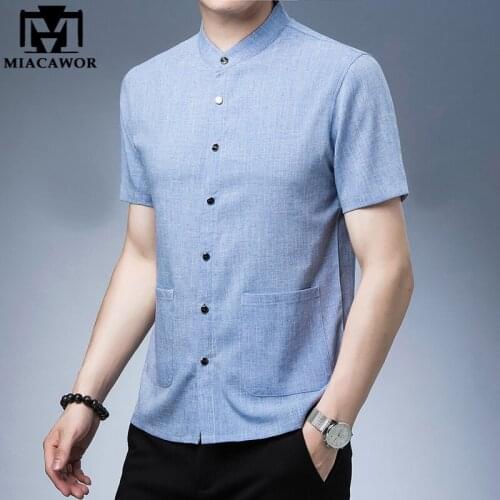 New Summer Short sleeve Shirts Men Cotton Linen Casual Shirt Mens Slim Fit Breathable Stand Collar Camiseta Masculina C741