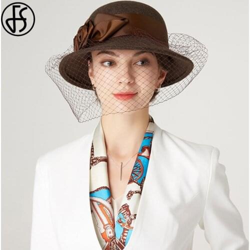 FS Wide Brim Black Wool Cloche Hats With Veils Flowers Bowler Fedora Hat For Women Ladies Winter Church Felt Caps Chapeau Femme