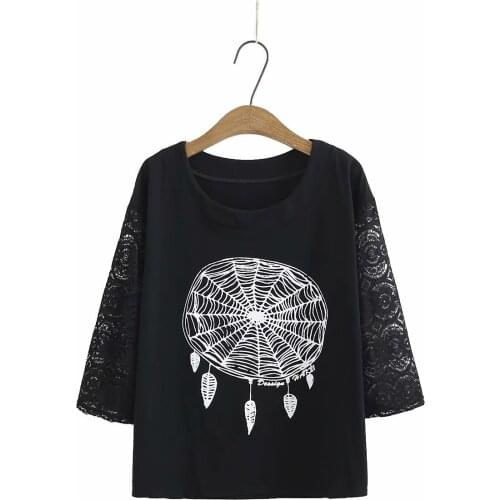 Plus size print O neck lace patchwork women loose tshirts 2021 new summer casual ladies black white cotton t shirts female top