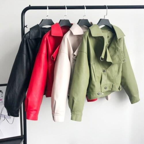 2020 New Womens Single Breasted Streetwear Pu Leather Jackets Female Loose Short Coats Ladys Long Sleeve Jacket