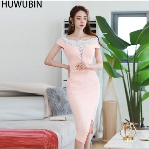 Summer Korean Womens Pencil Skirt New Lace V-Neck Stitching Bare Shoulder One Line Collar Hanging Sleeve Slim Mid Length Dress
