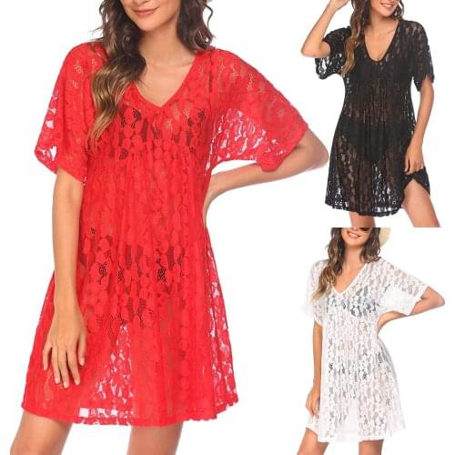 Female Beach Dresses See-Through Dress For Women Solid Color V-Neck Short Sleeve Bikini Covers For Summer Black/Red/White
