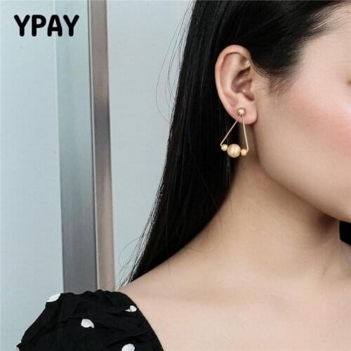 YPAY Pure 925 Sterling Silver Frosted Beads Earrings for Women Girls Gold Color Geometric Triangle Drop Earring Jewelry YME496
