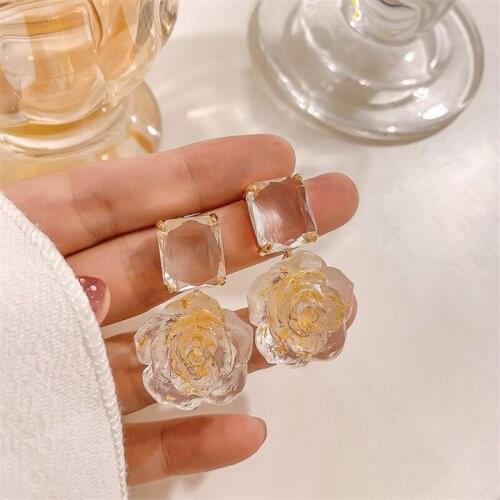 2021 Clear Square Crystal Drop Earrings For Women Resin Rose Flower Earrings Party Jewelry Gifts