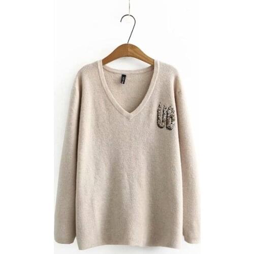 Plus size V neck long sleeve women loose Sequined sweaters 2021 new winter casual ladies solid black Beige sweater female tops