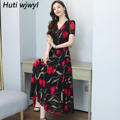 4XL Plus Size Women Bodycon Party Vestidos Summer Boho Chiffon Beach Vacation Long Sundress 2021 Vintage Casual Print Maxi Dress