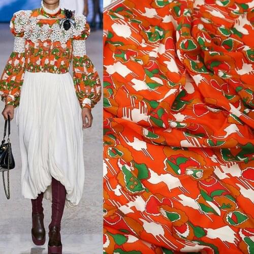 100x145cm Fashion Orange Flower Printed Imitate Double crepe Fabric For Woman Blouse Summer Dress Pant DIY Cloth Sewing