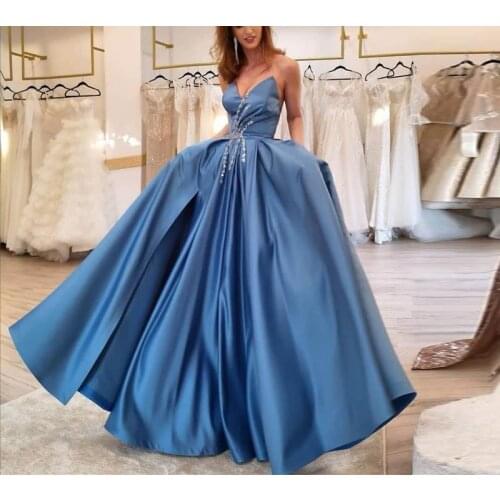 Satin Strapless Crystals Prom Dress 2021 High Split Sleeveless Corset Back A Line Evening Formal Party Gowns robes de soirée