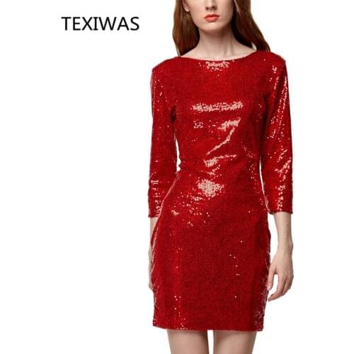TEXIWAS Sequin Elegant Club party Dress Shining Plus Size Dress Woman Backless Bodycon Slim Sexy streetwear spring Dress tops