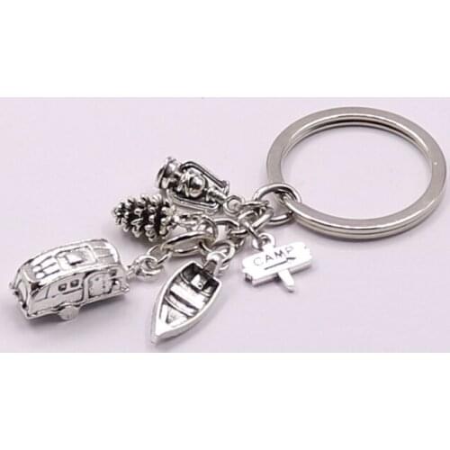New Camping Keychain Trailer,RV Caravan Campground Fishing Key Chain,Nature Outdoors,Summer Vacation,Snowbirds Keyring Souvenir