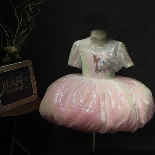 Flower Girl Dresses O-Neck Short Sequined Crystal Beading Princess Knee-Length Tulle Luxury Pink Elegant Kids Party Gown H560