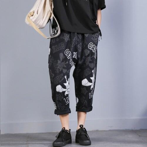 Women Plus Size Fashion printing harem Jeans for Boyfriend jeans for printing Pant Capris Denim Elastic cotton Straight Pant