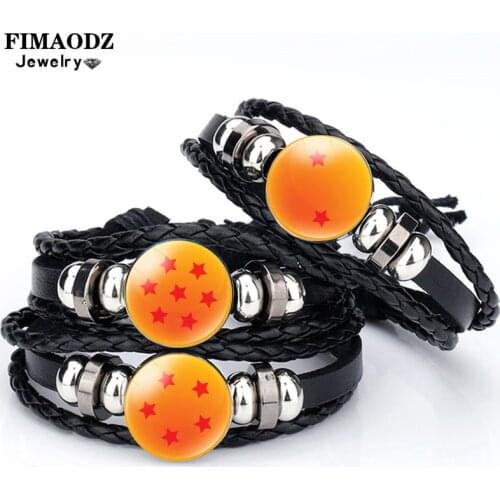FIMAODZ Seven Stars Ball Bracelet Anime Cartoon 7 Star Glass Cabochon Leather Bracelets Braided Bangles for Men Women
