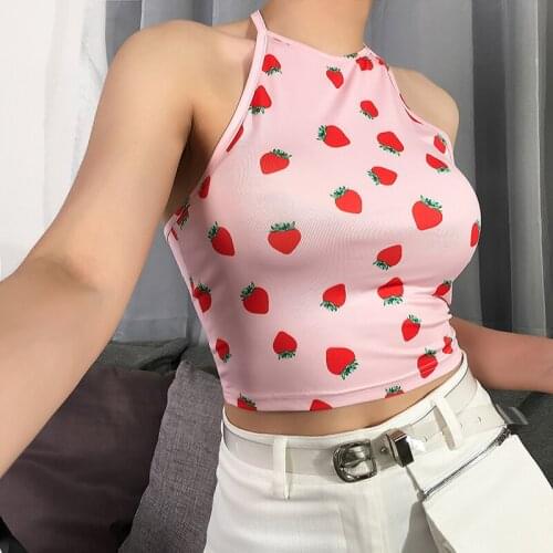 Womens T-shirt Sexy Fashion Ladies Sleeveless Strawberry Print Crop Tops Halter Summer Camis Shorts Top Vest Bandage Streetwear