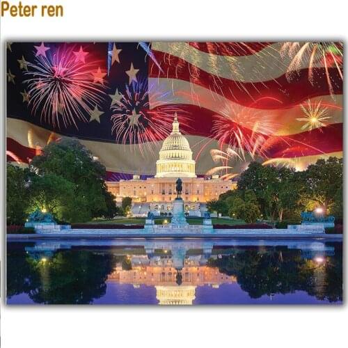 Peter ren Diy crafts Diamond Painting America Flag White House Firework Picture Of Rhinestone Diamond Embroidery Home Decoration
