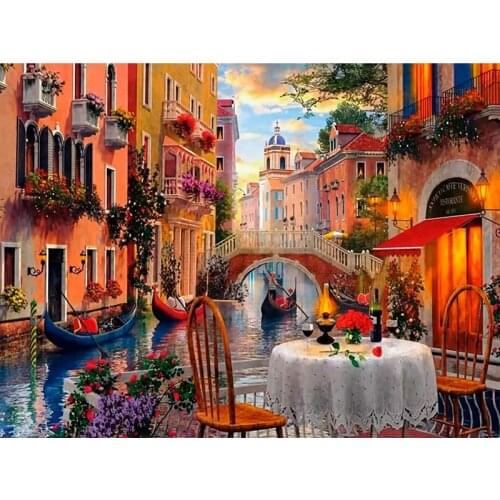 Water Village Bridge Boat Viewing Pavilion DIY Diamond Painting Diamond Seals Cross Stitch Rhinestone Venice the City of Water