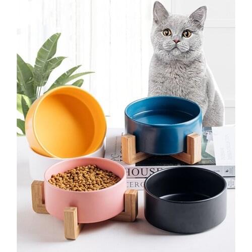 Ceramic Pet bowls Candy-colored Small Cat Dog Food Container With Anti-skid Wooden Frame Water Tablewares Feeding Pet Supplies