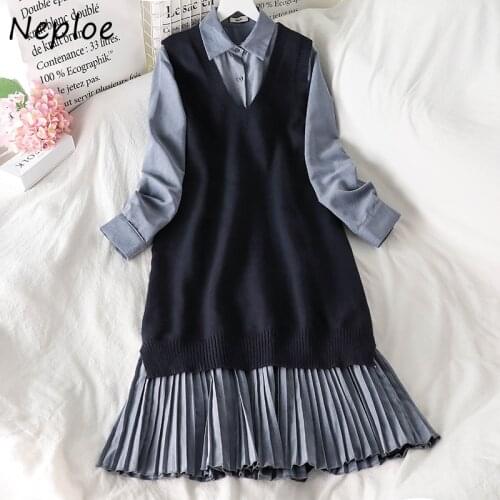 Neploe Preppy Style Spring Autumn 2 Piece Set High Waist Hip Draped Dress + V Neck Sleeveless Knit Vest Loose Causal Suit