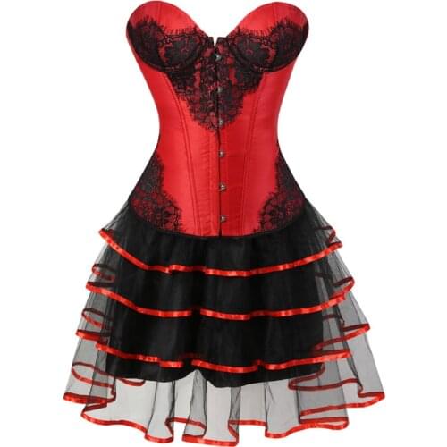 Corsets Dress Bustiers With Skirt Set Witch Halloween Sexy Corset Gothic Corselet Lingrie Women Burlesque Vintage Costume Red