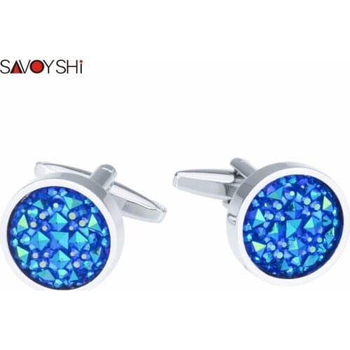 SAVOYSHI Round Blue Crystal Cufflinks For Mens Shirt Accessories High Quality Fashion Brand Cuff Buttons Wedding Gift Jewelry