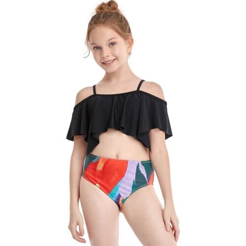 Off Shoulder Girl Swimsuit Kids 5-12 Years 2 Piece Childrens Swimwear Falbala Girl Bikini Set Print Girl Bathing Suit Beachwear