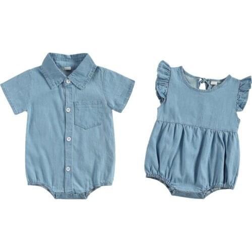 FOCUSNORM 0-18M Summer Baby Girls Boys Bodysuits Blue Denim Short Sleeve Single Breasted Boys Girls Jumpsuits