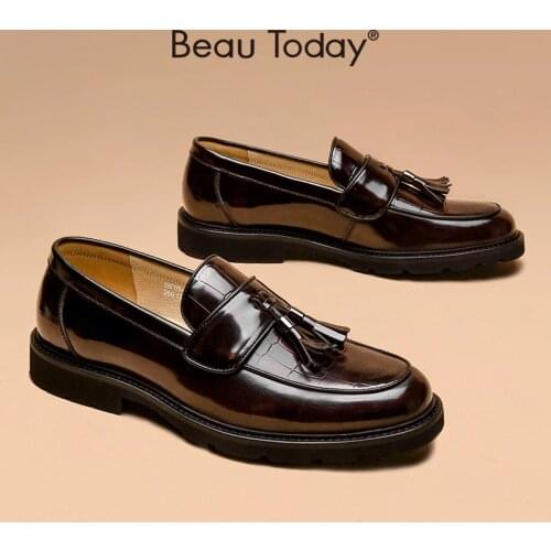 Tassel Loafers Men Genuine Cow Leather Crocodile Pattern Fashion Male Shoes Slip-On Gentle Autumn Handmade BeauToday 55003