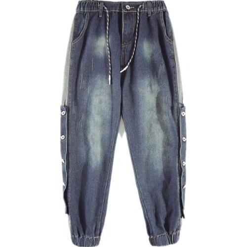 Mens Jeans Spring Autumn Elastic Waist Drawstring Ankle Buttons Large Size Harem Trousers Loose Cotton Denim Pencil Pants