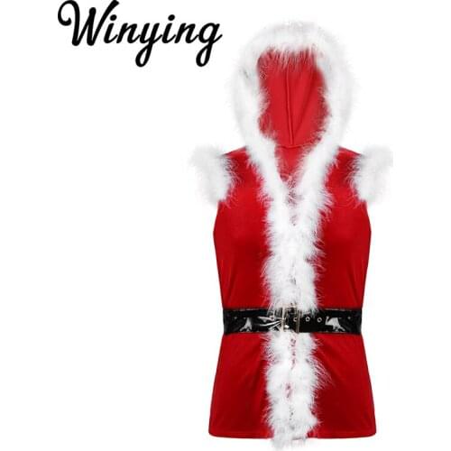 Men Red Soft Velvet Hooded Faux Fur Trim Vest Waistcoat Christmas Costume Holiday Party Rave Santa Claus Cosplay Fancy Dress Up