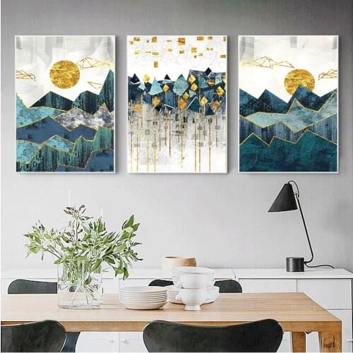 Nordic Abstract Geometric Mountain Landscape Wall Art Canvas Painting Golden Sun Art Print Wall Picture for Living Room