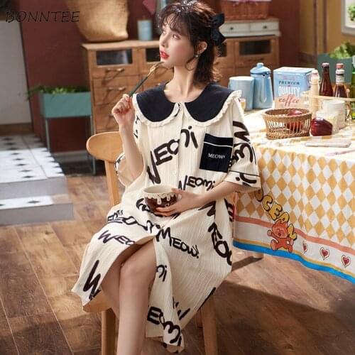 Nightgowns Women Plus Size M-4XL Single Breasted Peter Pan Collar Students Girls Japanese Style Sleepwear Kawaii Cartoon Printed