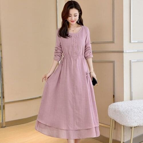 2020 NEW Spring Autumn Cotton Linen Dress retro fake two pieces Large Size Womens Temperament Waist Slim Long Dress b262