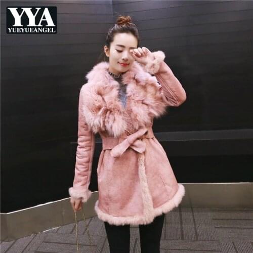 Belt Luxury Jacket Women Fashion Fox Fur Collar Jackets Winter Slim Faux Leather Suede Zipper Sashes Jacket Lady Outerwear