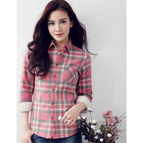 S-4XL New Womens Cotton Shirt Winter 2019 Casual All-match Plaid Shirt Long-sleeve Plus Velvet Thicken Warm Slim Tops Female