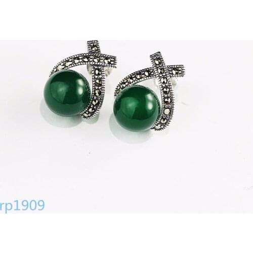 KJJEAXCMY Supporting detection S925 sterling silver jewelry ladies green chalcedony garnet chalcedony bead black agate earrings new