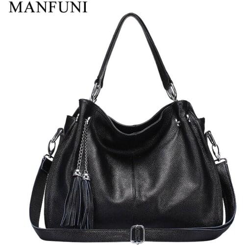Fashion Tassel Women Tote Bag 100% Genuine Leather Handbag Black Ladies Crossbody Messenger Purse High Quality Shoulder Bags