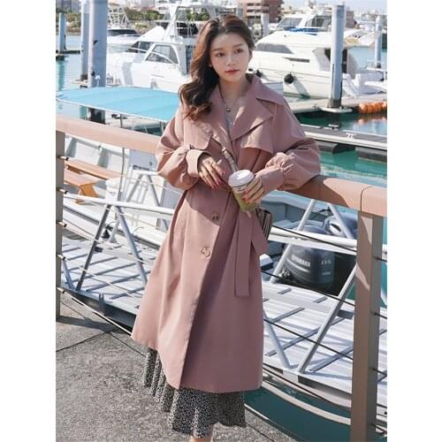 Womens Windbreaker Spring Autumn New Korean Fashion Loose Solid Color High-quality Double-breasted Long Sleeve Feminine Coat088