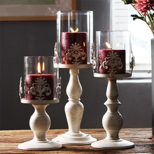 Nordic Vintage White Carved Candle Holders Creative Glass Candlesticks Metal Crafts Romantic Candlelight Wedding Home Decoration