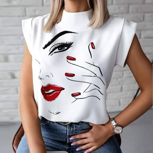 Women Short Sleeve T-Shirt Fashion Elegant Lips Abstract Face Print Tops Summer Office Ladies Casual High Neck Summer Clothing