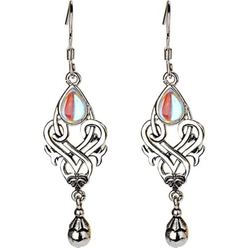 BLUELANS 2019 Fashion Womens Rainbow Moonstone Dangle Earrings Tibetan Silver Hollow Hook Earrings Jewelry