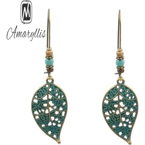 Amaiyllis Vintage 2 Color Hollow Leaf Dangle Earrings For Women Ethnic Pendant Drop Earrings Stone Beads Long Earrings Brincos
