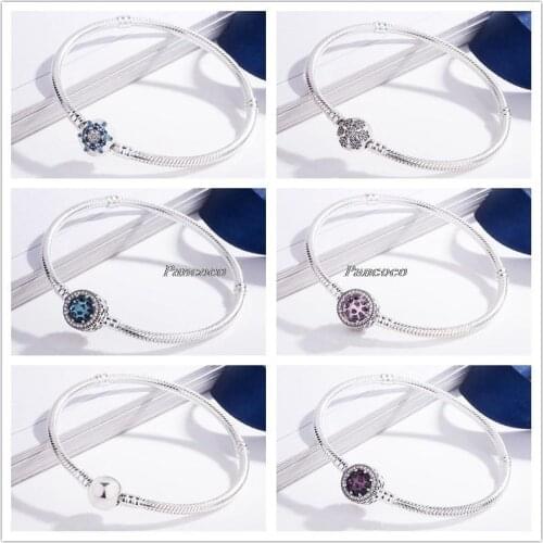Authentic 925 Sterling Silver Crystalized Snowflake Snake Chain Basic Bangle Bracelet Fit Women Bead Charm Pandora Jewelry